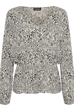 SLZaya Drawstring Blouse Black and White Ditsy Print 30406976